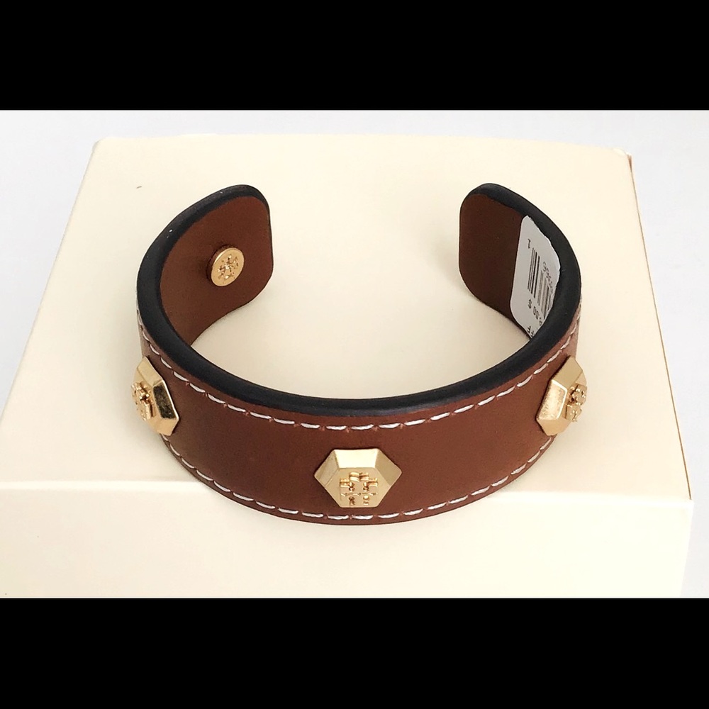 New Tory Burch Logo Cuff Bracelet Hex Stud Leather
